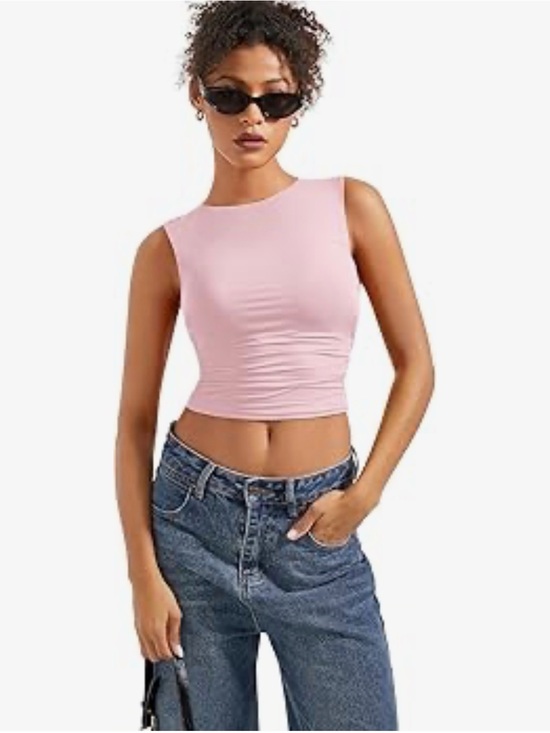 SUUKSESS Tops - Pink Sleeveless Crop Top Ruched Stretch Tank Fitted Y2K Basic NWT M